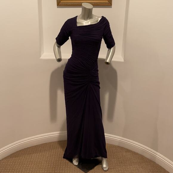 Tadashi Shoji Navy Asymmetrical Ruched Sleeve Gown - Picture 6 of 13